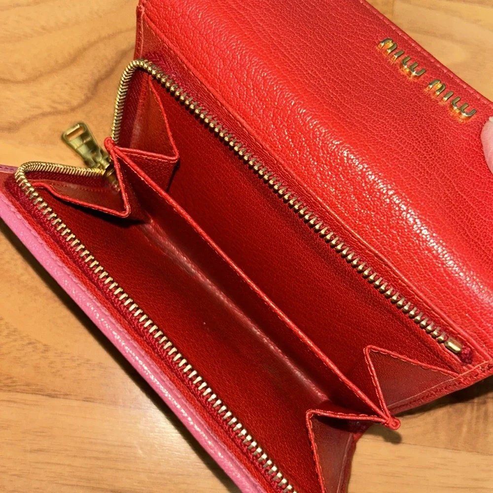 Authentic Miu Miu Goatskin Madras Bicolor Flap Wallet Fuoco Bruyere